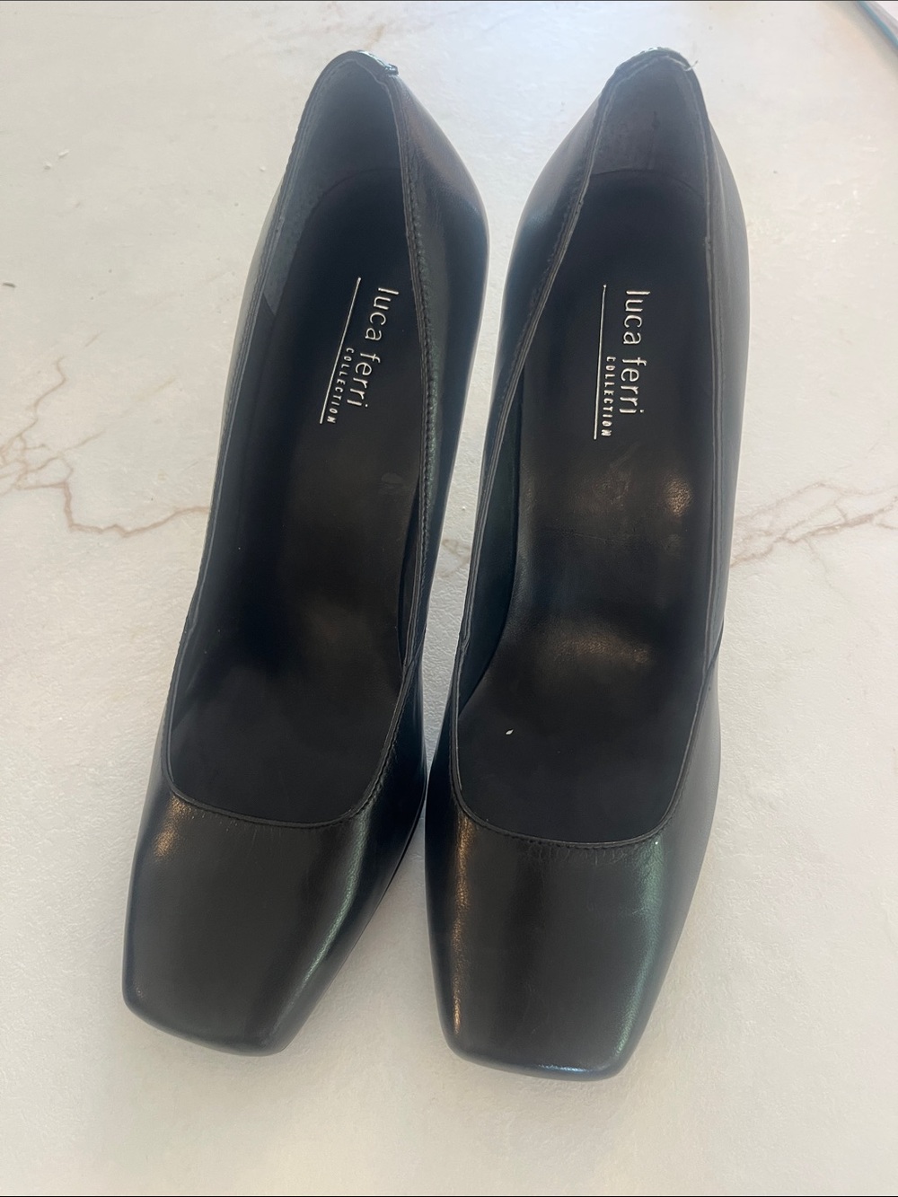 Black Leather Square-Toe Pumps